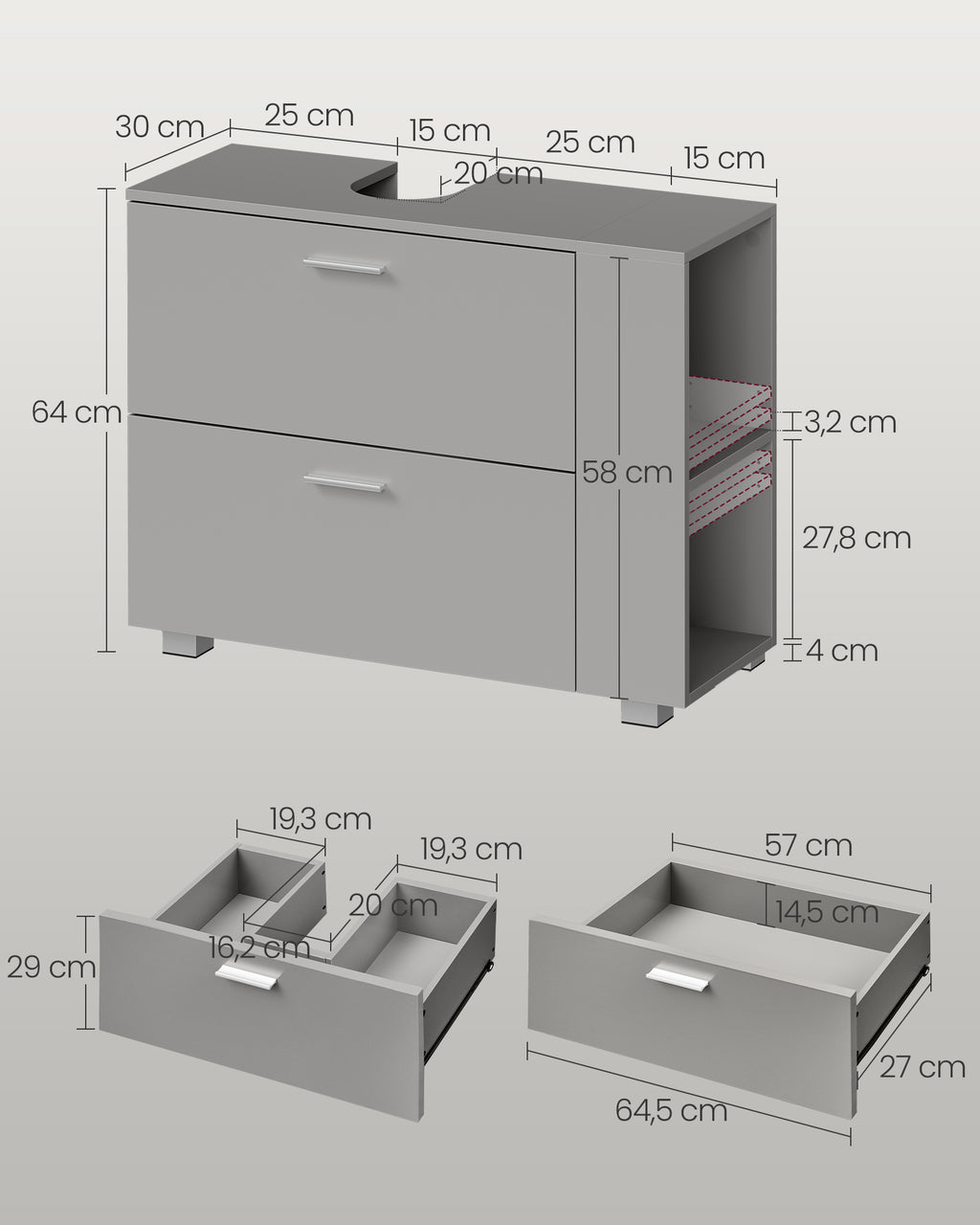Waschbeckenunterschrank 30 x 80 x 64 cm mit offenen Fächern