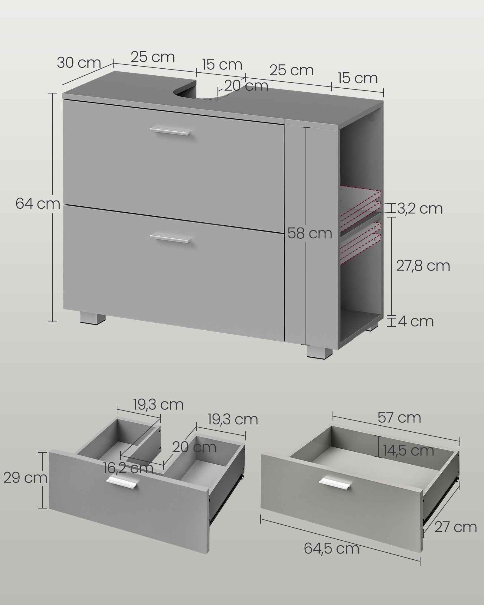 Waschbeckenunterschrank 30 x 80 x 64 cm mit offenen Fächern