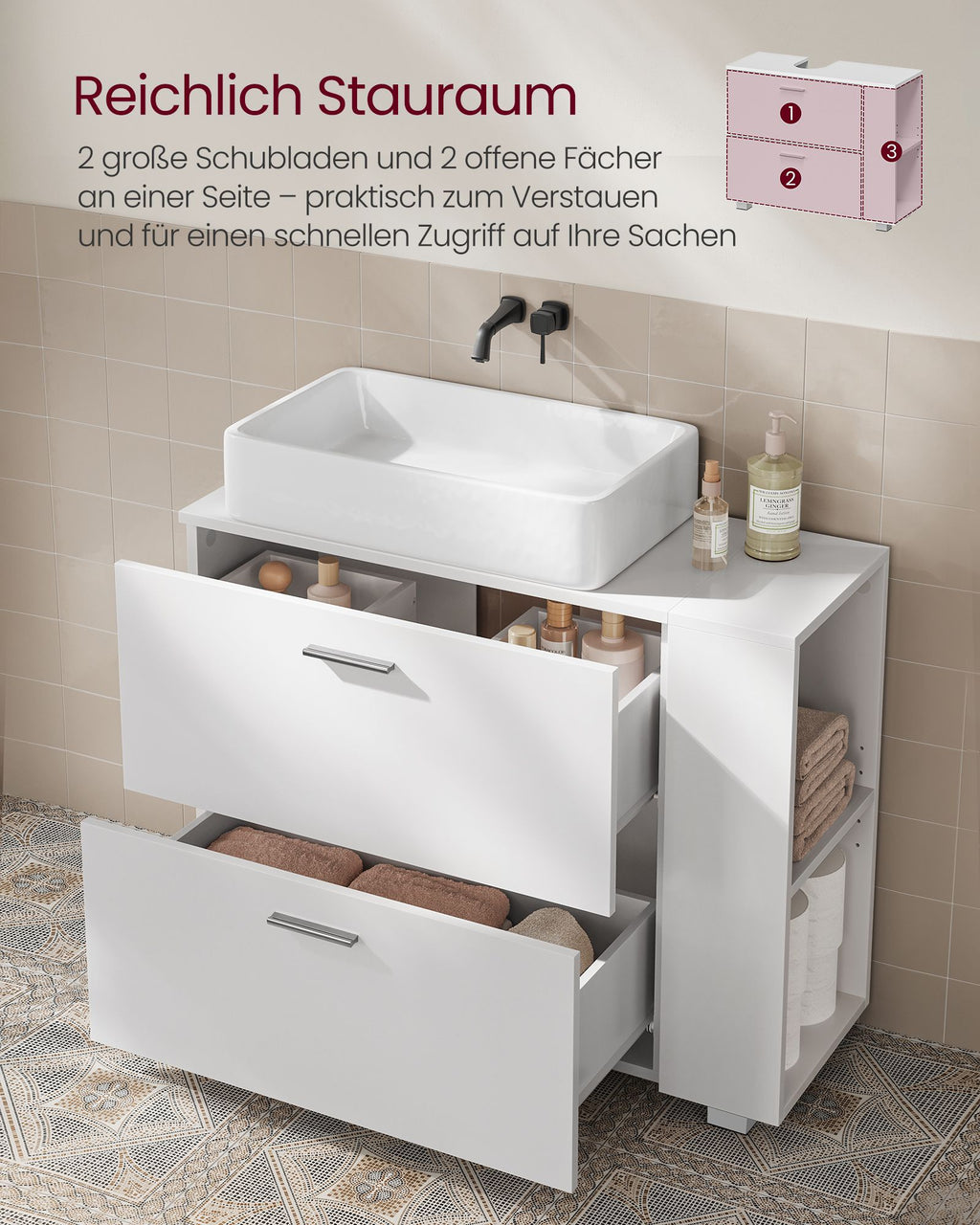 Waschbeckenunterschrank mit offenen Fächern an einer Seite