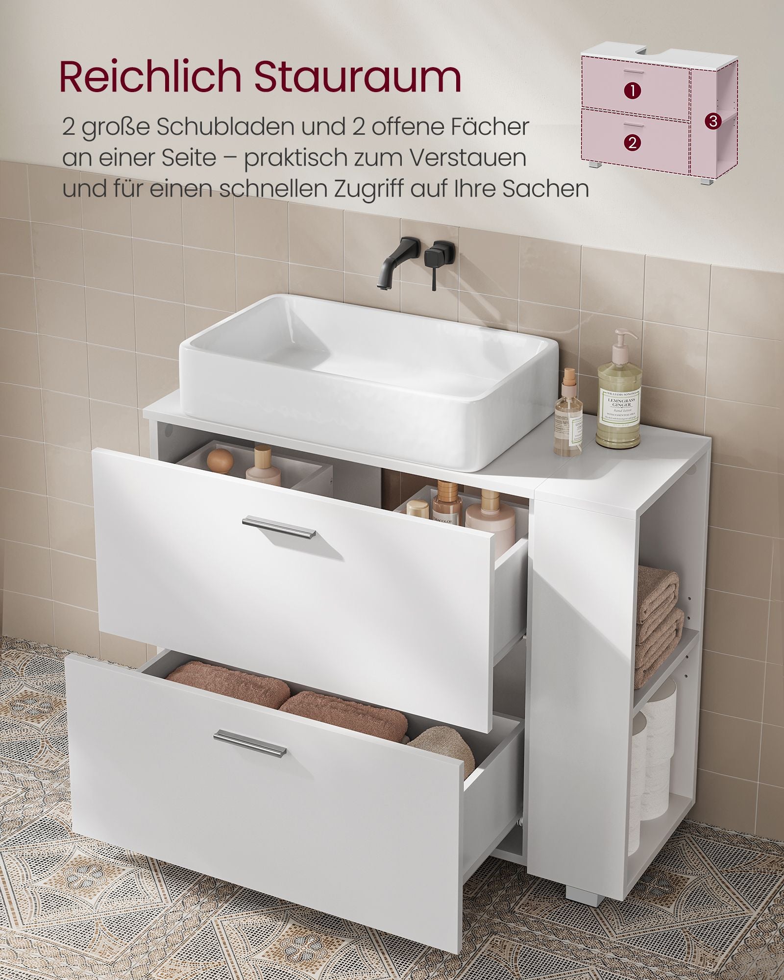 Waschbeckenunterschrank mit offenen Fächern an einer Seite