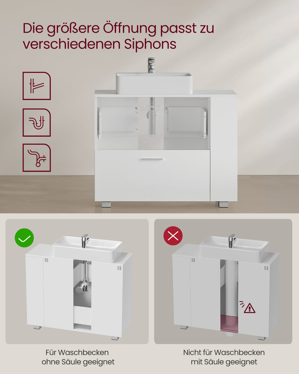 Waschbeckenunterschrank mit offenen Fächern an einer Seite