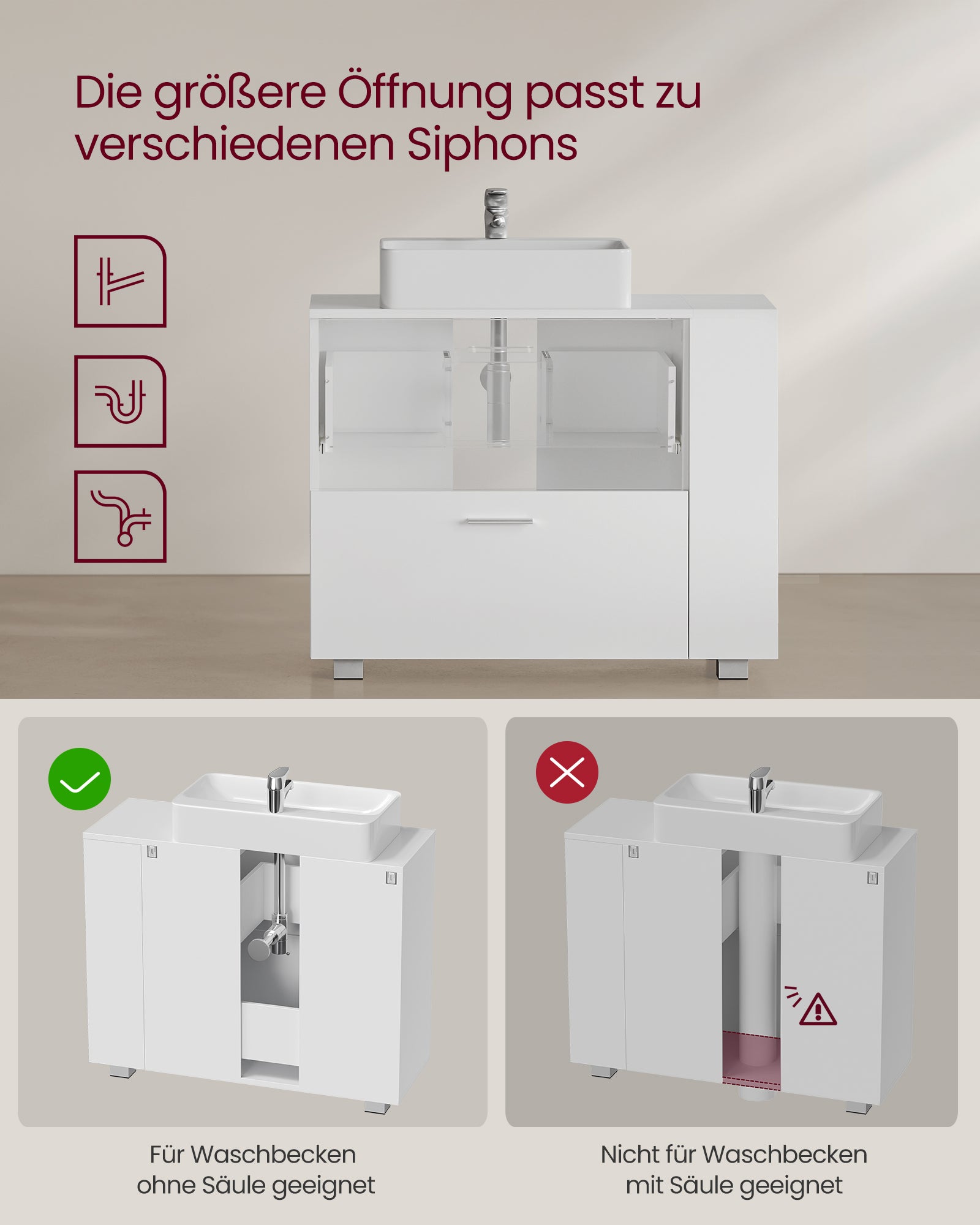 Waschbeckenunterschrank mit offenen Fächern an einer Seite