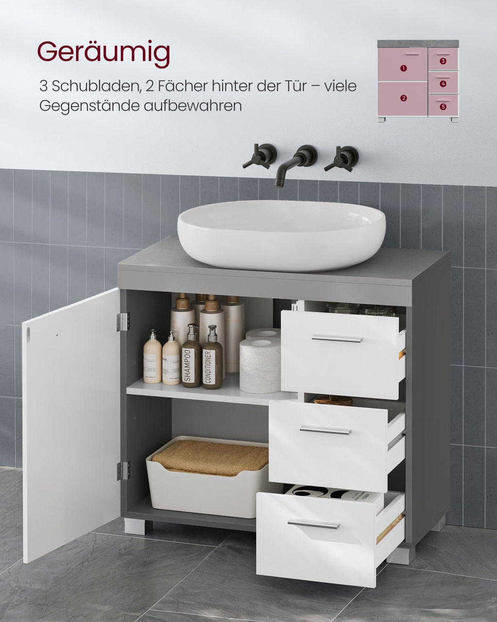 Waschbeckenunterschrank 2 Fächer hinter der Tür