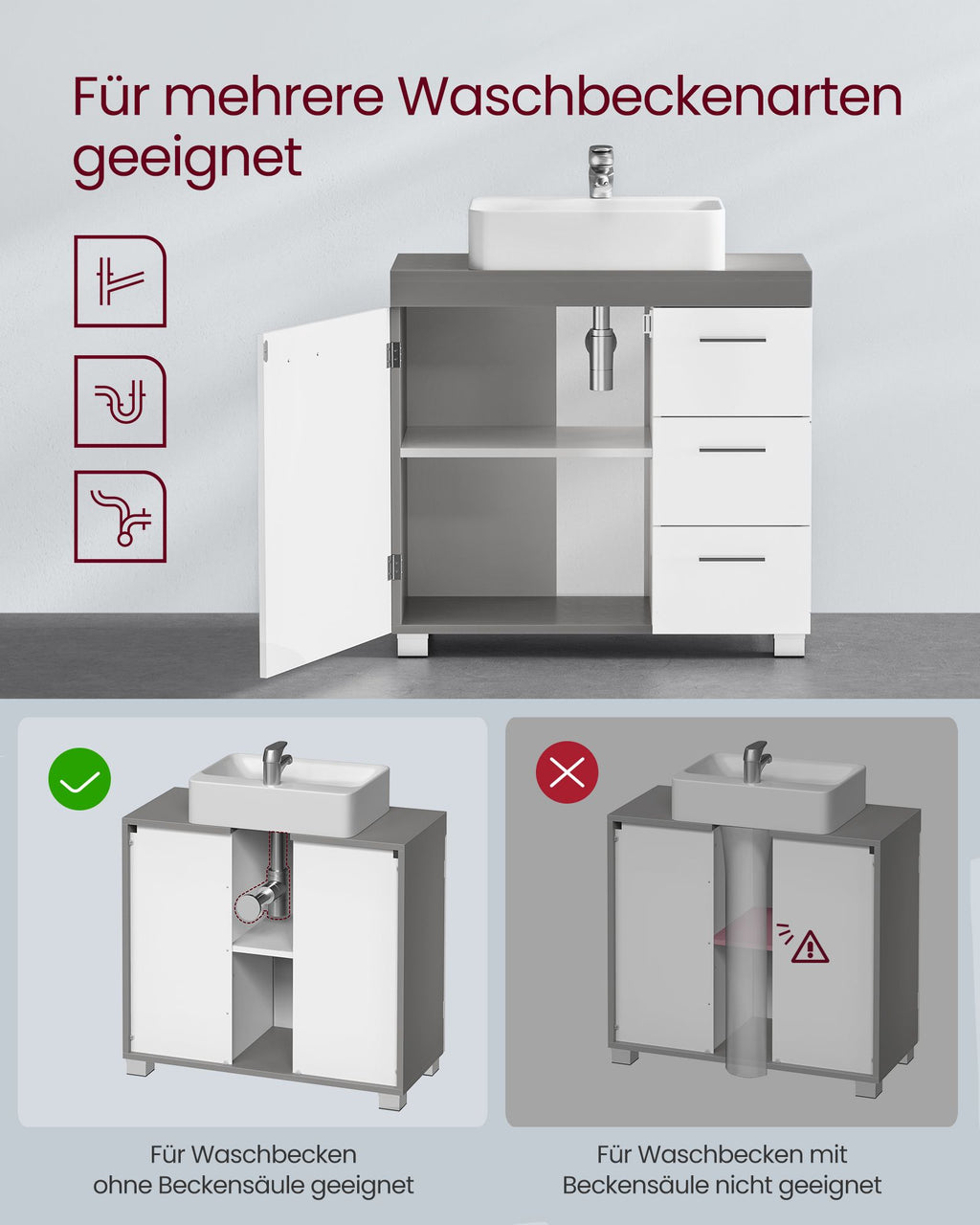 Waschbeckenunterschrank 2 Fächer hinter der Tür
