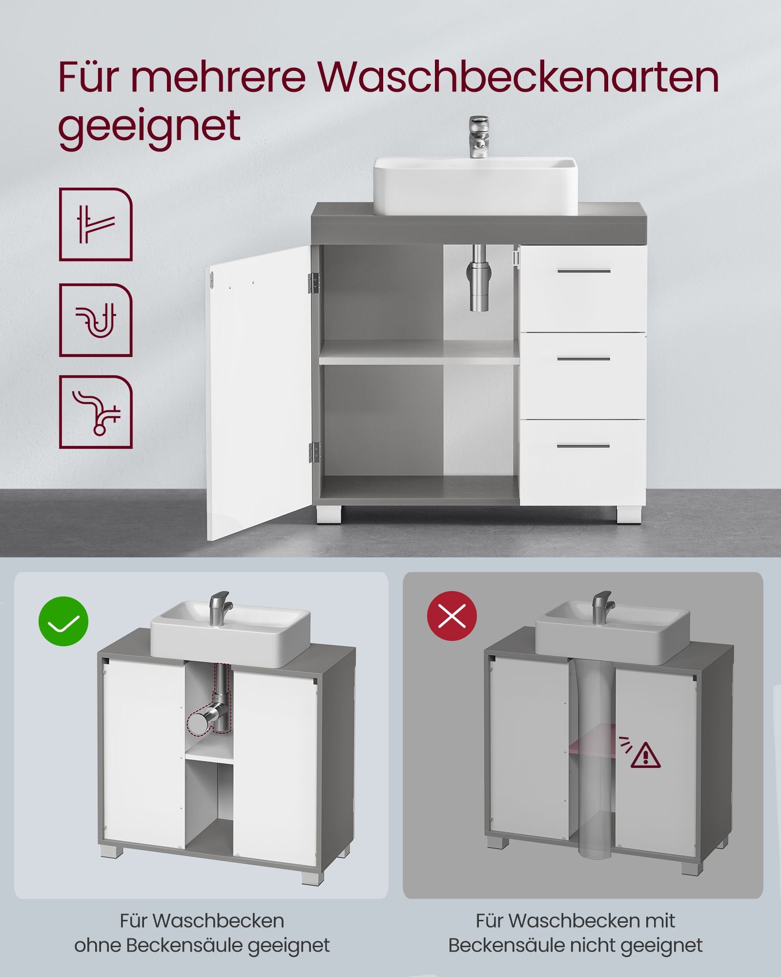 Waschbeckenunterschrank 2 Fächer hinter der Tür