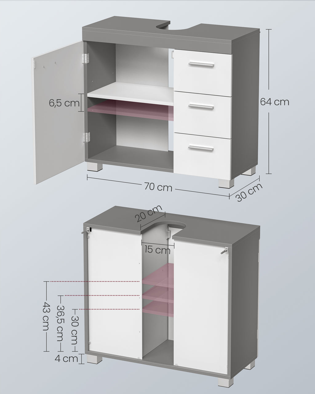 Waschbeckenunterschrank 2 Fächer hinter der Tür