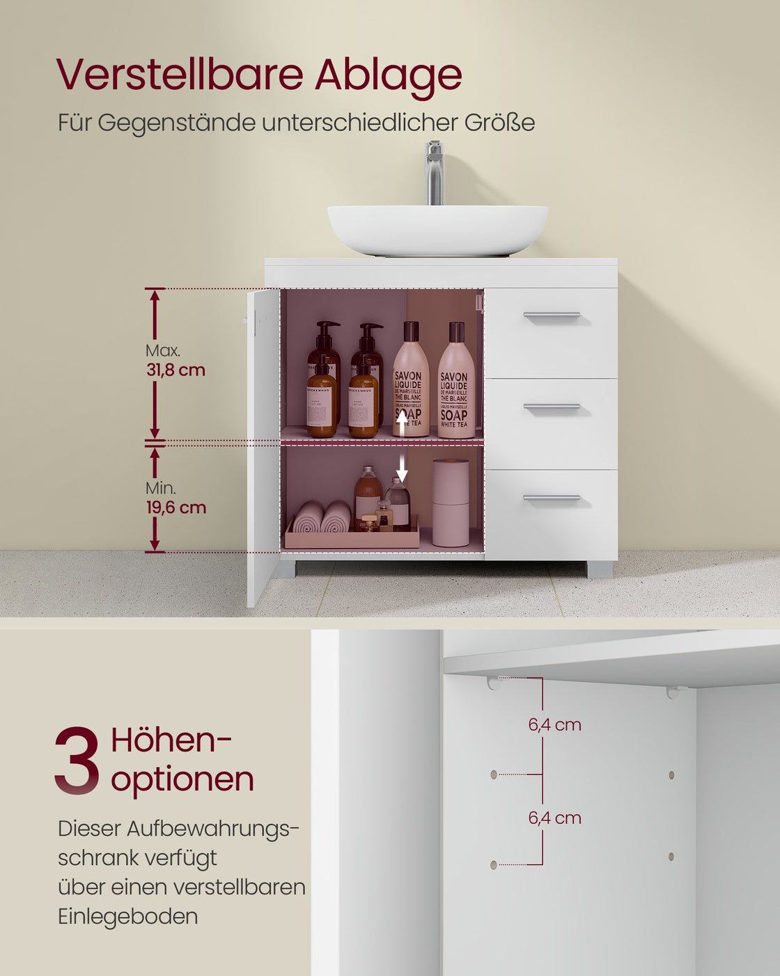 Waschbeckenunterschrank 30 x 70 x 64 cm mit 2 Fächern hinter der Tür wolkenweiß