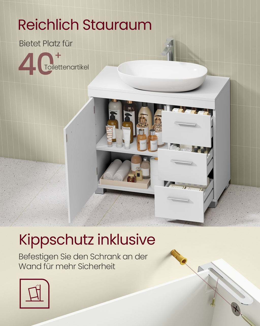 Waschbeckenunterschrank 30 x 70 x 64 cm mit 2 Fächern hinter der Tür wolkenweiß
