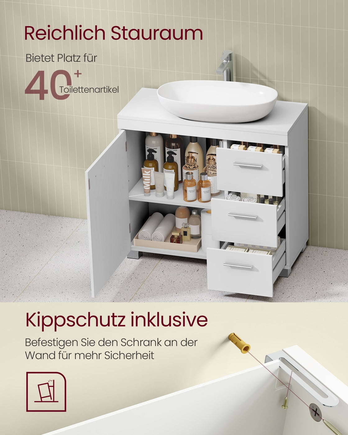 Waschbeckenunterschrank 30 x 70 x 64 cm mit 2 Fächern hinter der Tür wolkenweiß