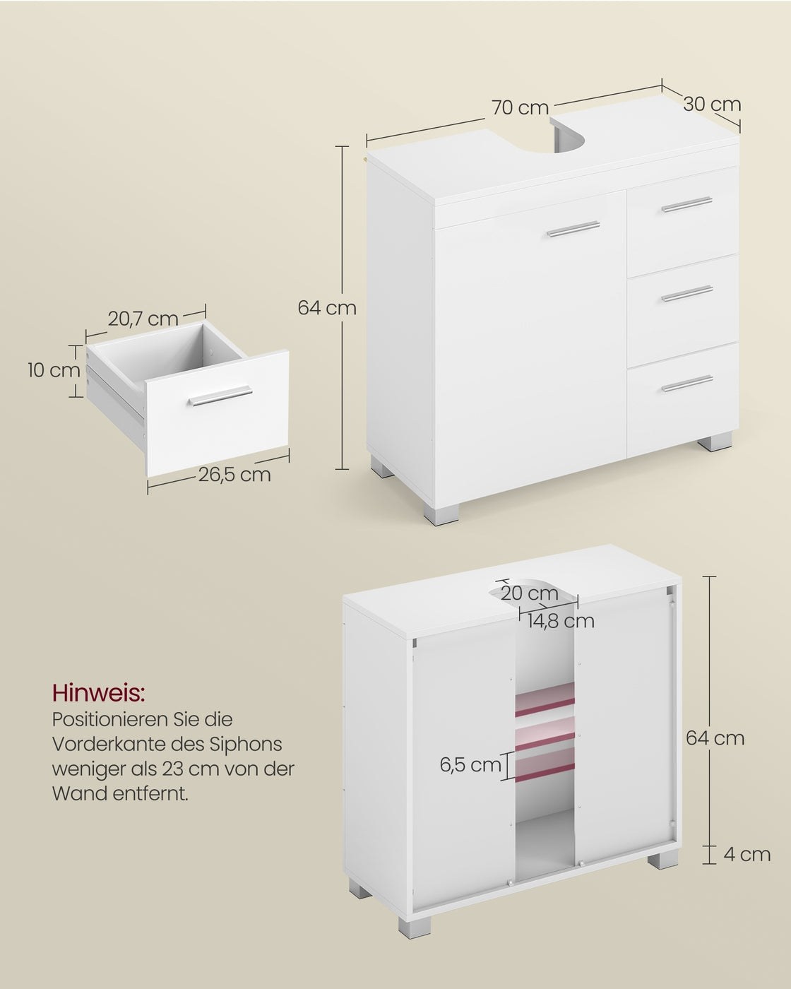 Waschbeckenunterschrank 30 x 70 x 64 cm mit 2 Fächern hinter der Tür wolkenweiß