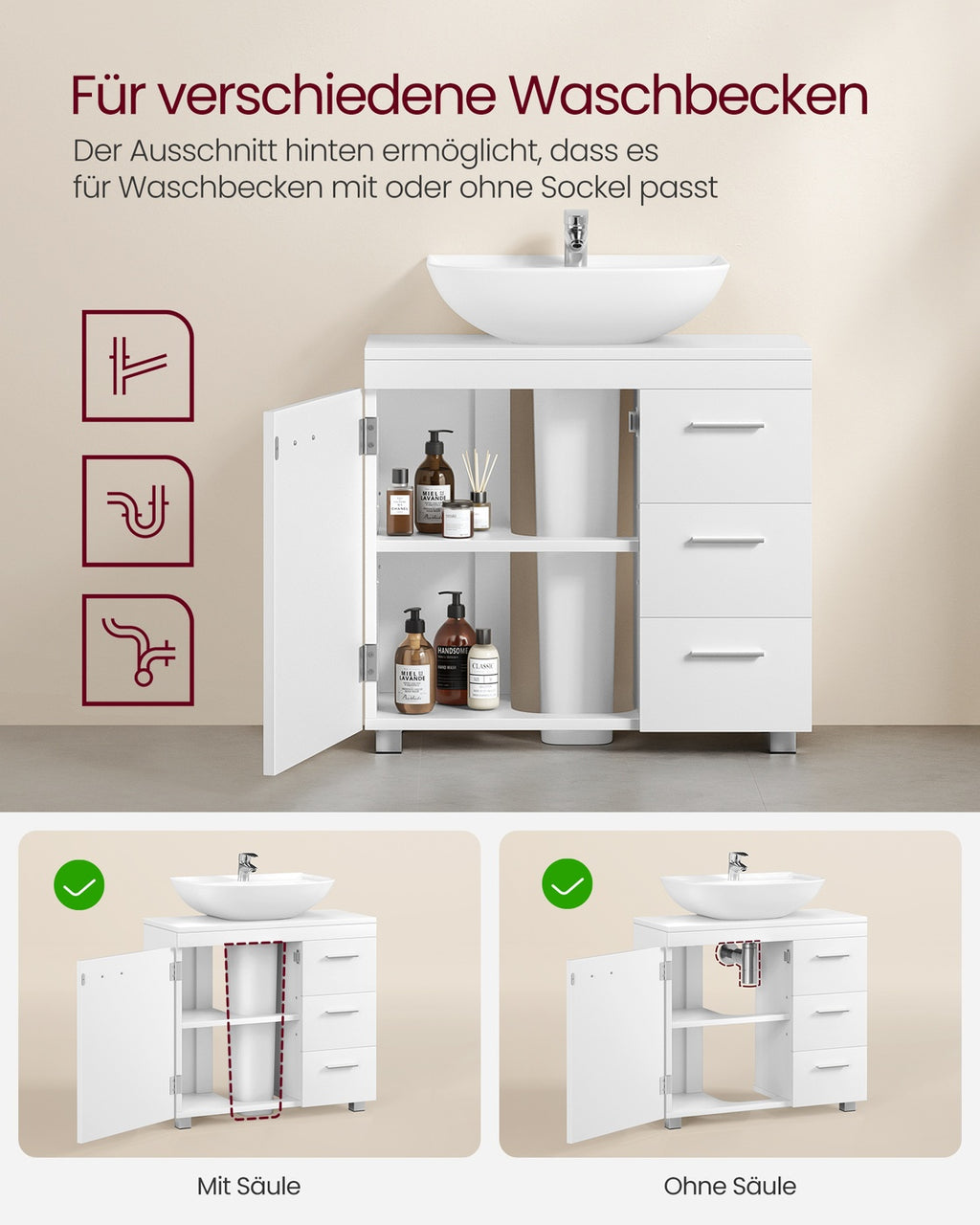Waschbeckenunterschrank mit Schubladen und Füßen 30 x 60 x 64 cm wolkenweiß