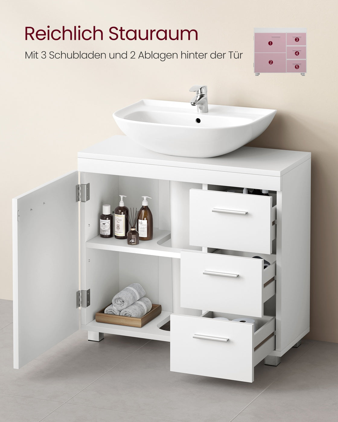 Waschbeckenunterschrank mit Schubladen und Füßen 30 x 60 x 64 cm wolkenweiß