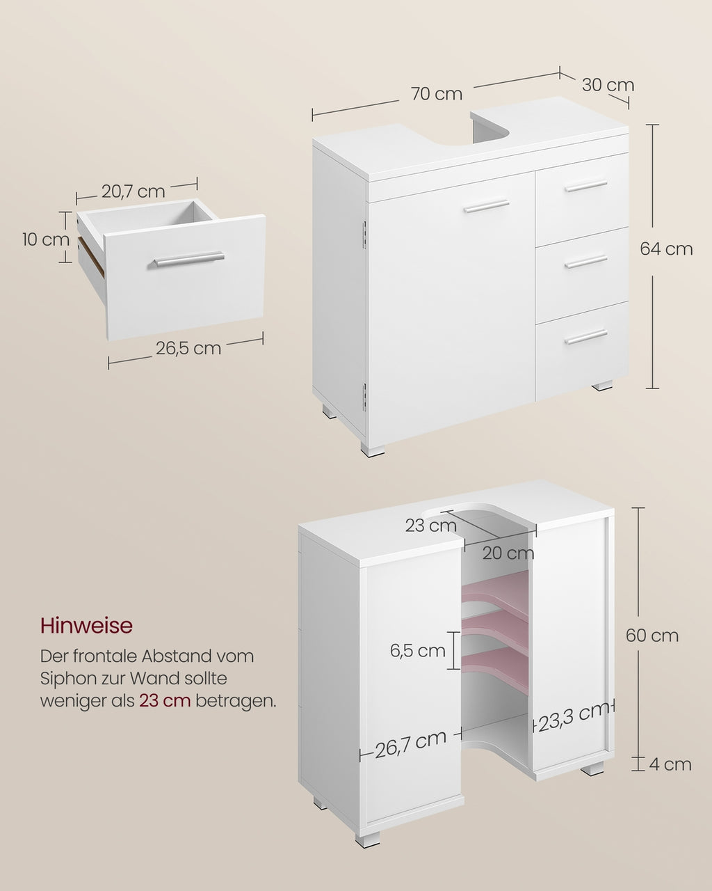 Waschbeckenunterschrank mit Schubladen und Füßen 30 x 60 x 64 cm wolkenweiß