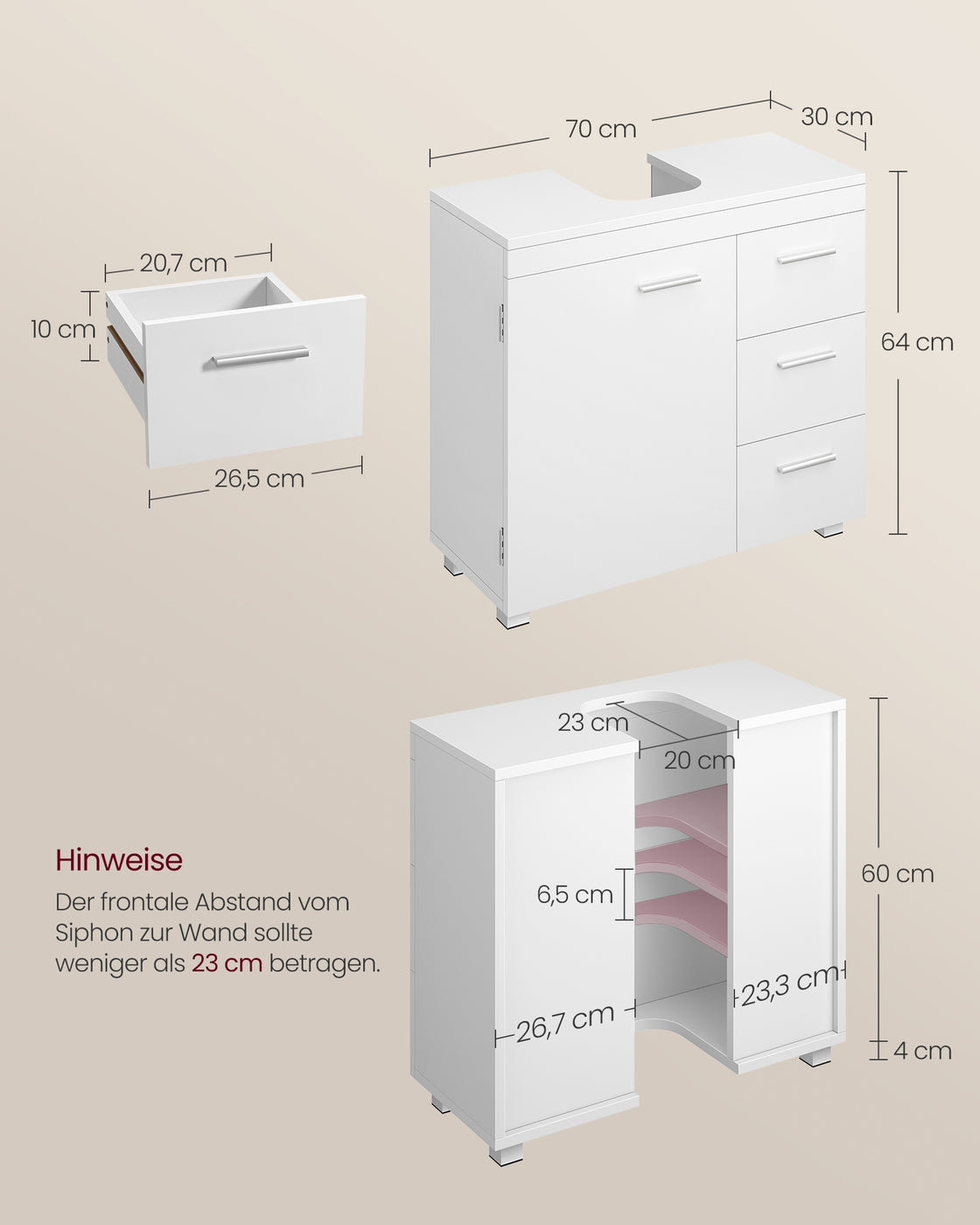 Waschbeckenunterschrank mit Schubladen und Füßen 30 x 60 x 64 cm wolkenweiß