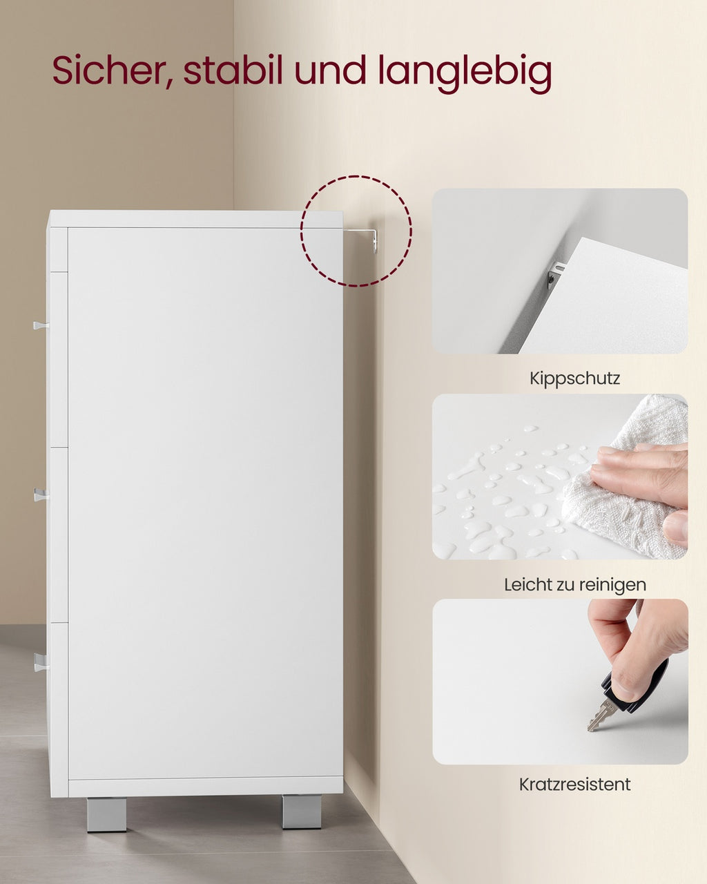 Waschbeckenunterschrank mit Schubladen und Füßen 30 x 60 x 64 cm wolkenweiß