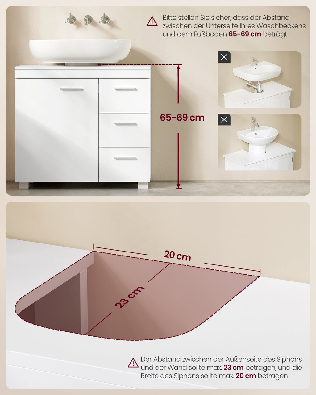 Waschbeckenunterschrank mit Schubladen und Füßen 30 x 60 x 64 cm wolkenweiß