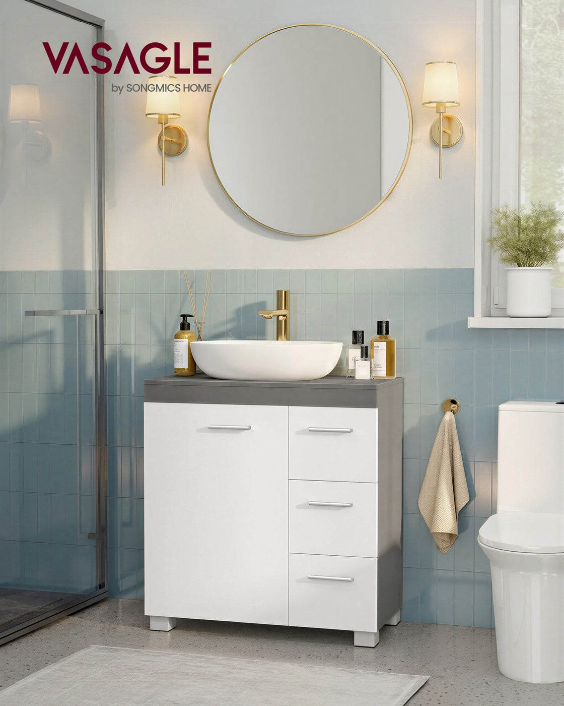 Waschbeckenunterschrank 30 x 60 x 64 cm mit 2 Fächern wolkenweiß-zementgrau