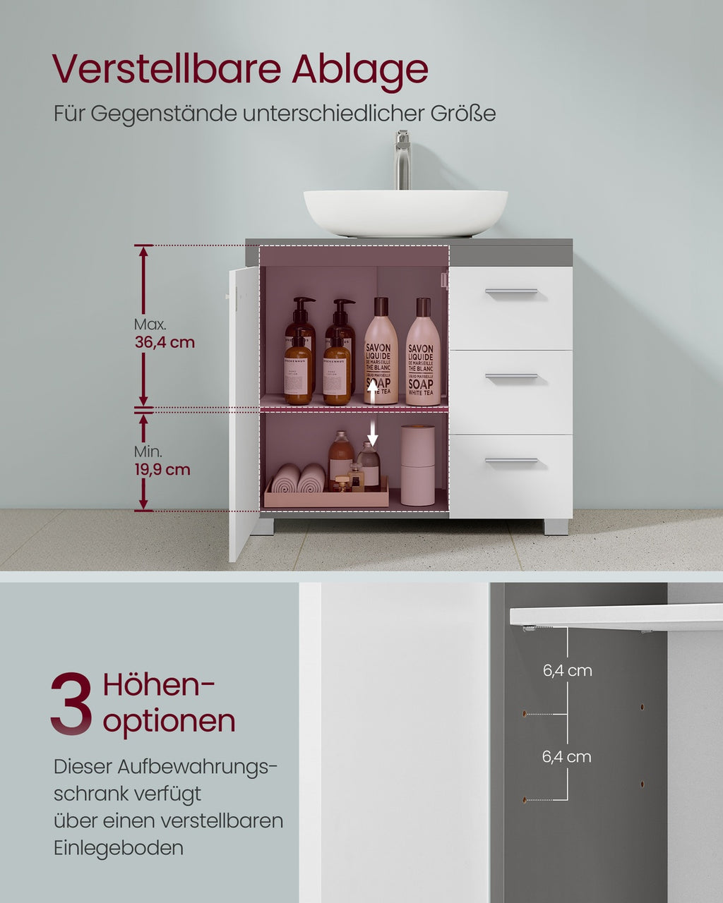 Waschbeckenunterschrank 30 x 60 x 64 cm mit 2 Fächern wolkenweiß-zementgrau