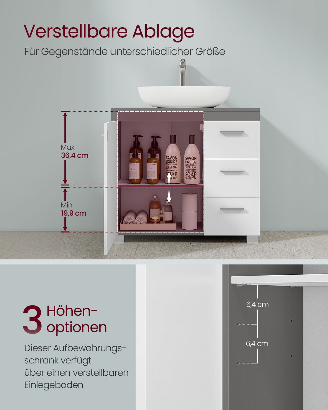 Waschbeckenunterschrank 30 x 60 x 64 cm mit 2 Fächern wolkenweiß-zementgrau