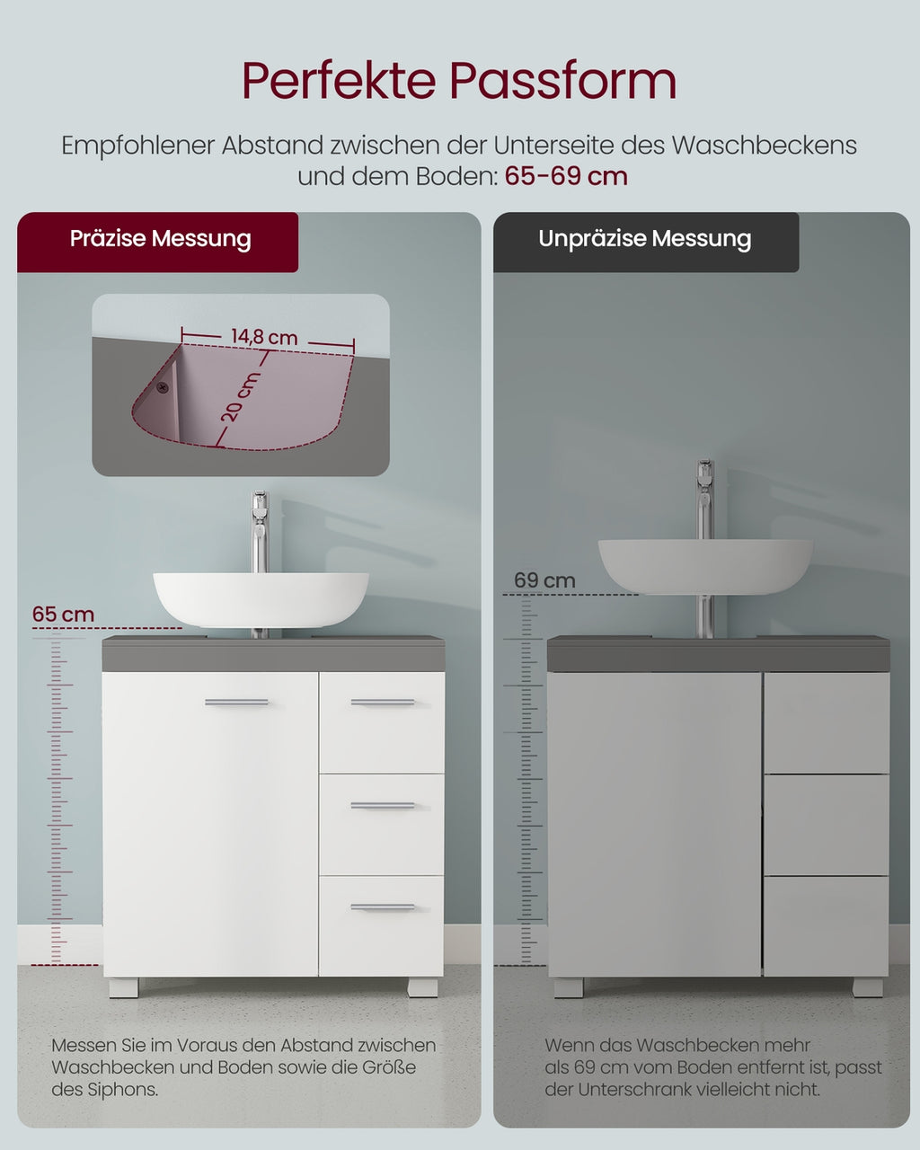 Waschbeckenunterschrank 30 x 60 x 64 cm mit 2 Fächern wolkenweiß-zementgrau