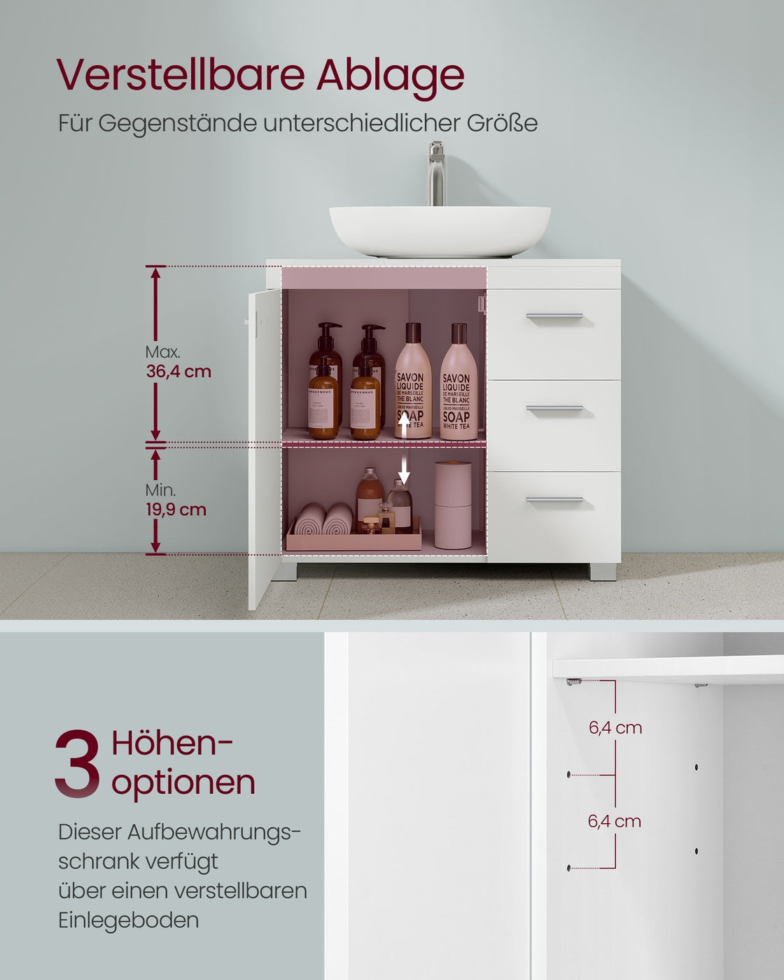 Waschbeckenunterschrank 30 x 60 x 64 cm mit 2 Fächern wolkenweiß