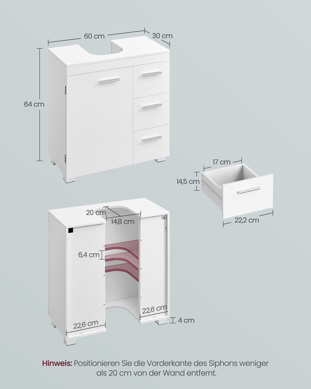 Waschbeckenunterschrank 30 x 60 x 64 cm mit 2 Fächern wolkenweiß