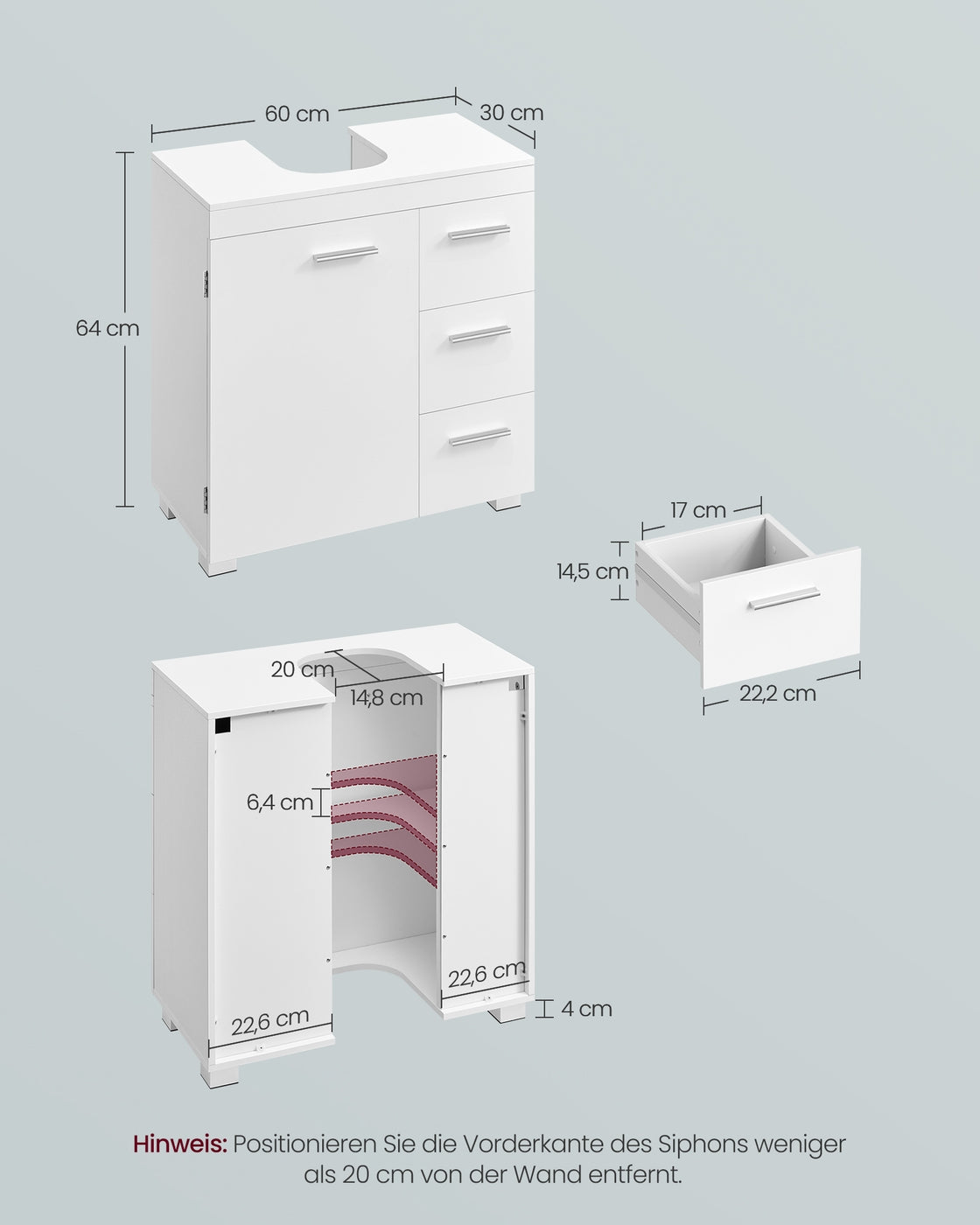Waschbeckenunterschrank 30 x 60 x 64 cm mit 2 Fächern wolkenweiß