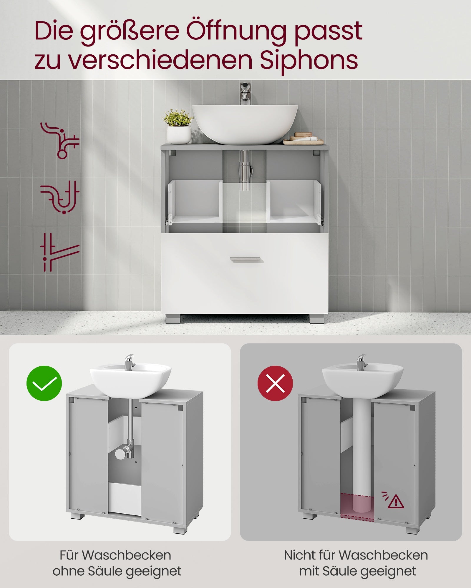 Kollektion - Waschbeckenunterschrank 30 x 60 x 63,8 cm mit 2 großen Schubladen Taubengrau-wolkenweiß