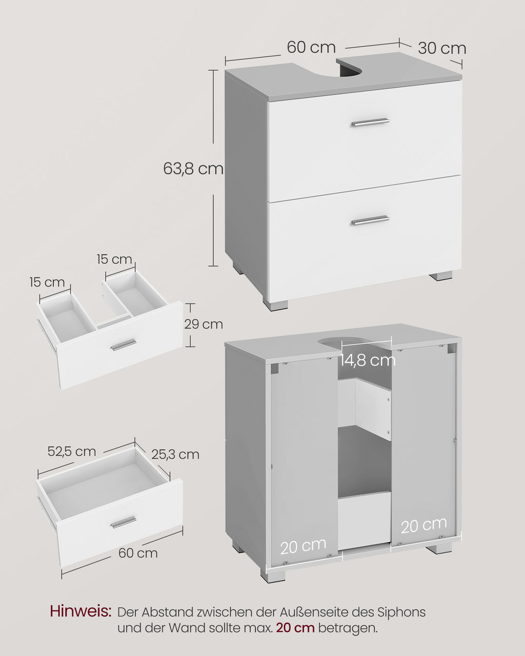 Kollektion - Waschbeckenunterschrank 30 x 60 x 63,8 cm mit 2 großen Schubladen Taubengrau-wolkenweiß