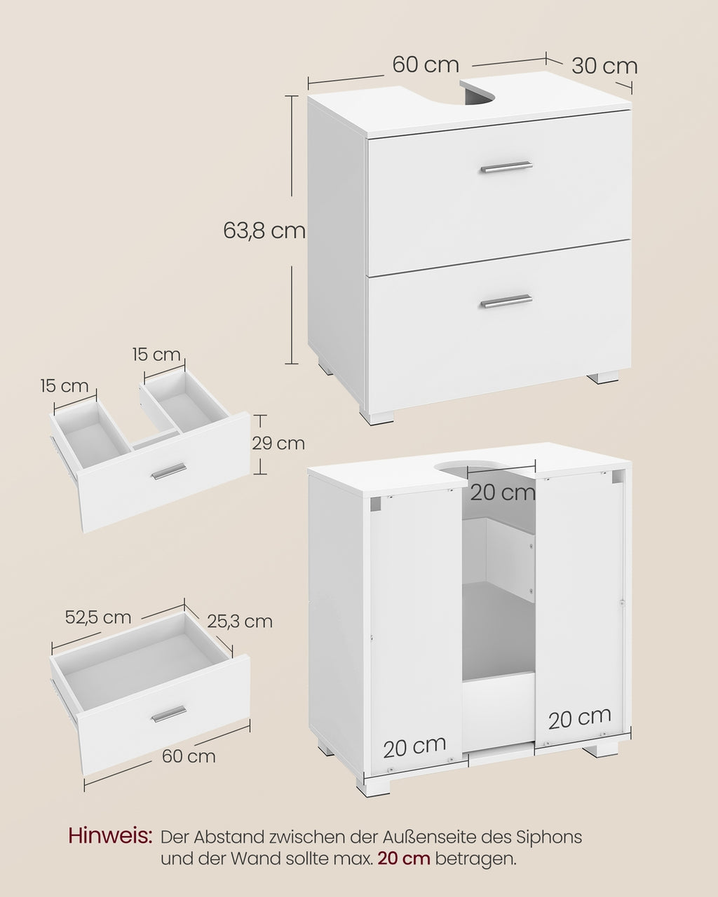 CUSTOS Kollektion - Waschbeckenunterschrank 30 x 60 x 63,8 cm mit 2 großen Schubladen wolkenweiß