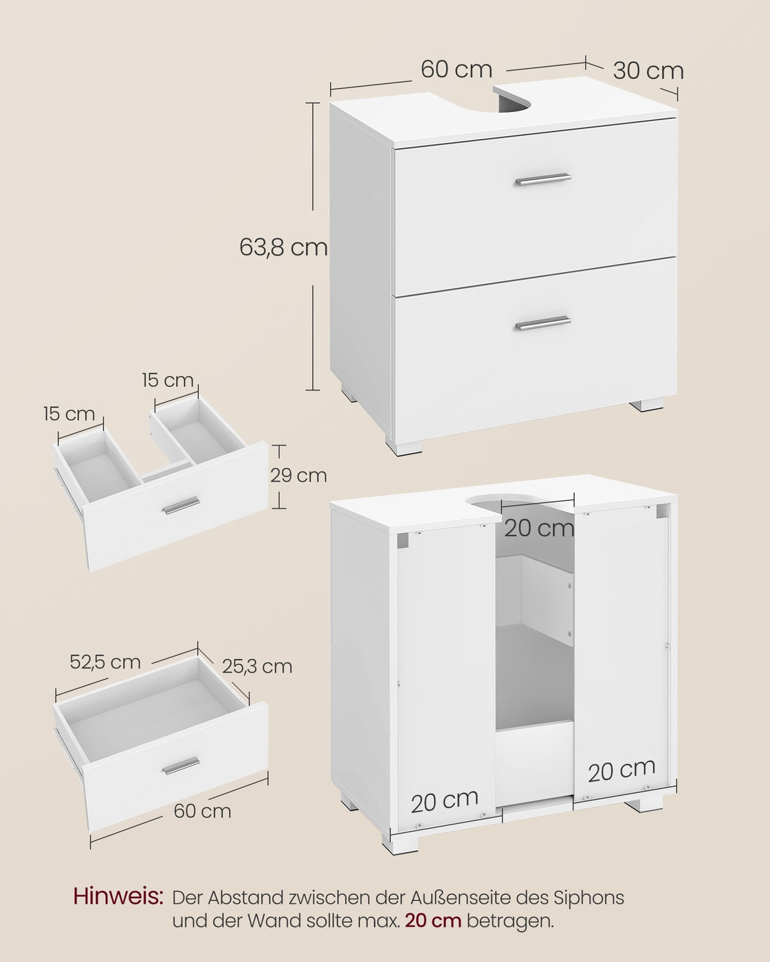 CUSTOS Kollektion - Waschbeckenunterschrank 30 x 60 x 63,8 cm mit 2 großen Schubladen wolkenweiß