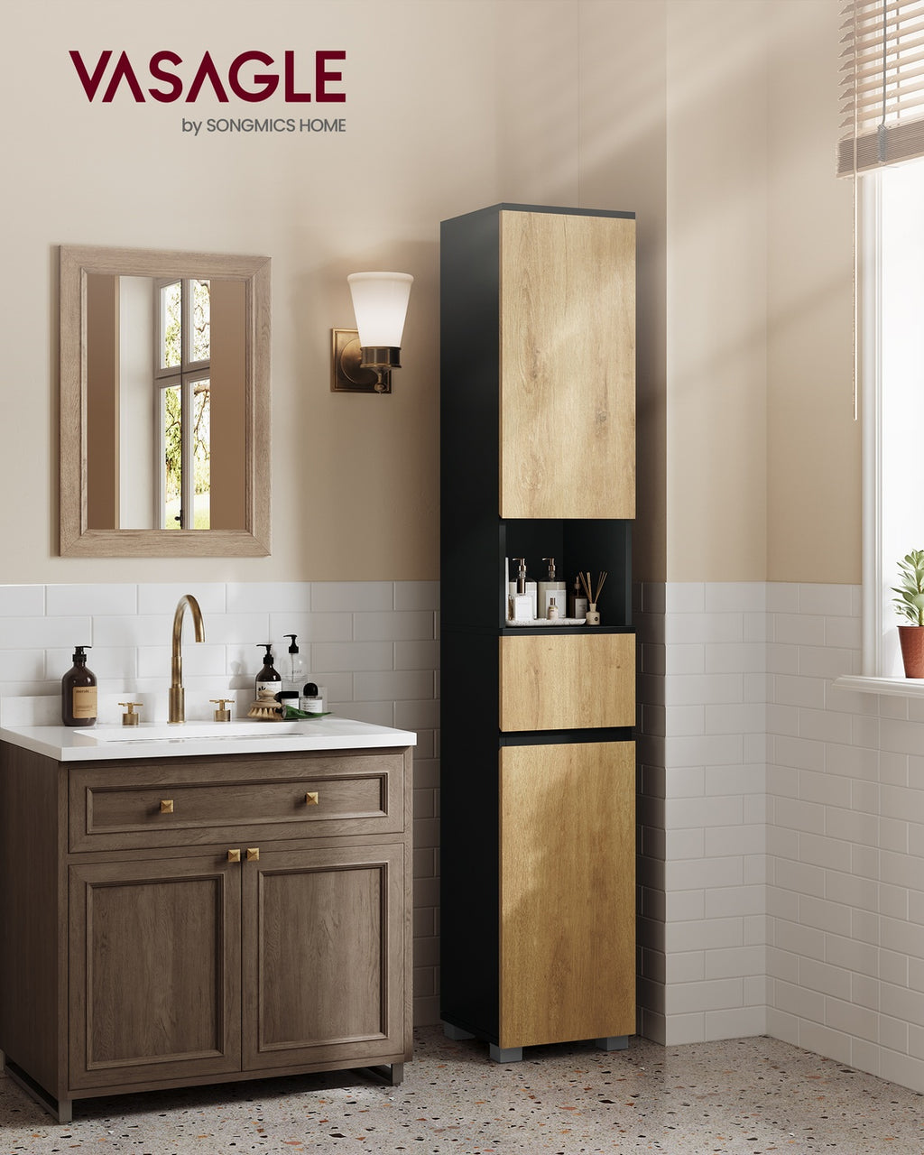 Badezimmerschrank Badschrank 1 Schublade 30 × 30 × 170,2 cm tintenschwarz-naturbraun