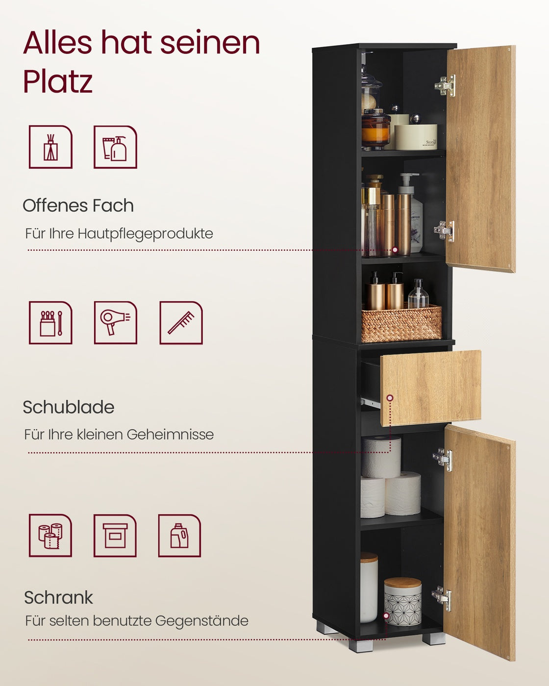 Badezimmerschrank Badschrank 1 Schublade 30 × 30 × 170,2 cm tintenschwarz-naturbraun
