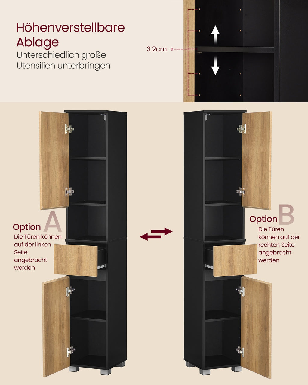 Badezimmerschrank Badschrank 1 Schublade 30 × 30 × 170,2 cm tintenschwarz-naturbraun
