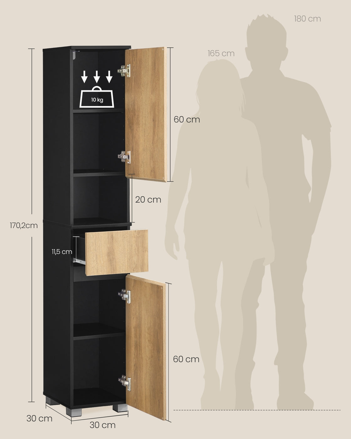 Badezimmerschrank Badschrank 1 Schublade 30 × 30 × 170,2 cm tintenschwarz-naturbraun