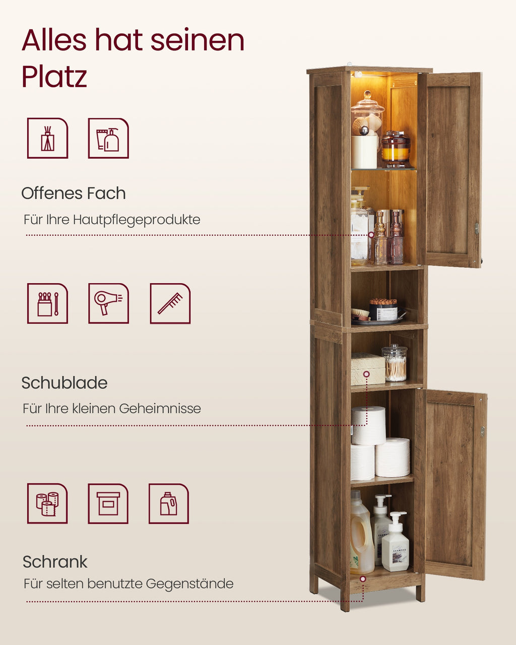 Badezimmerschrank honigbraun 30 cm hoch mit Beleuchtung