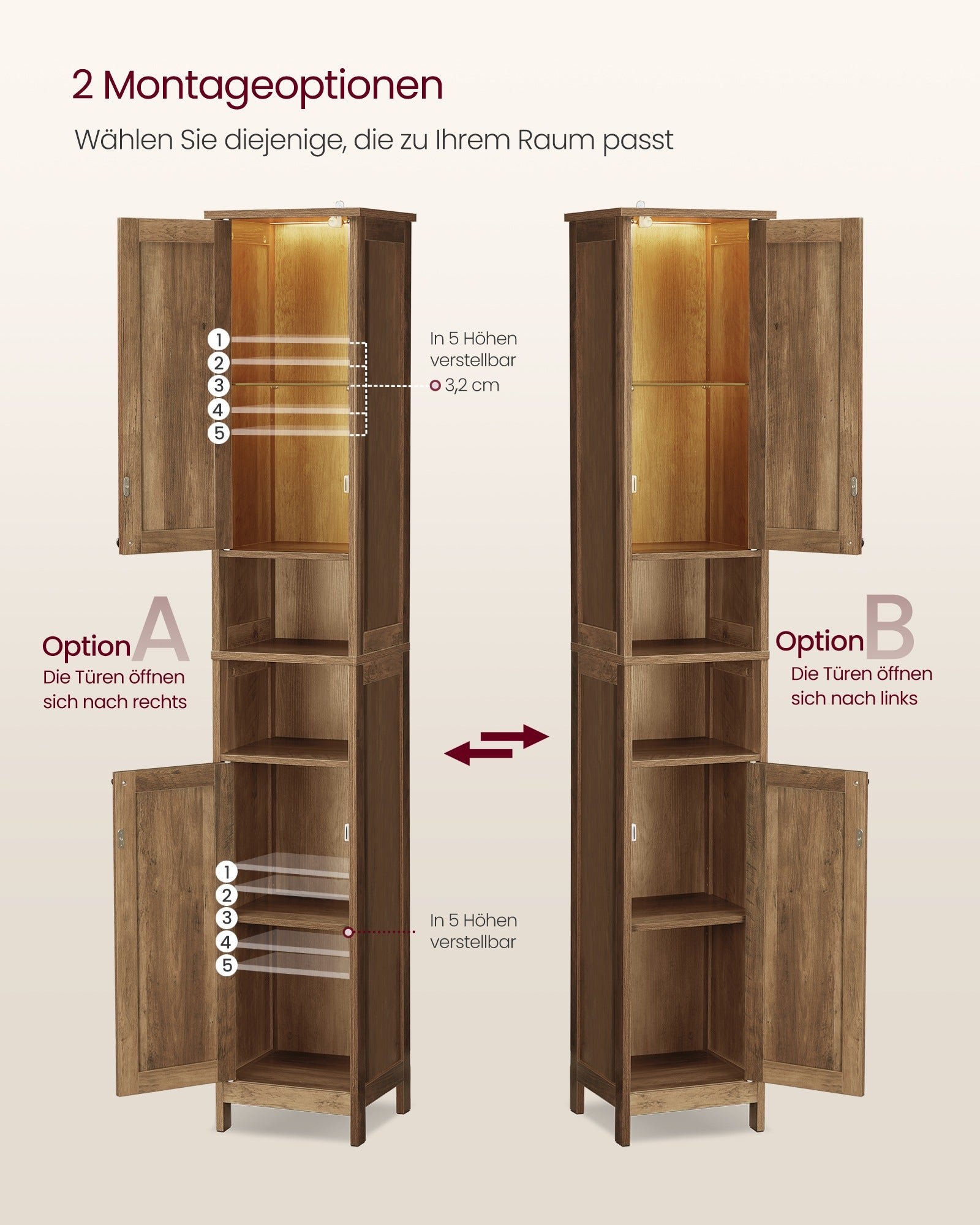 Badezimmerschrank honigbraun 30 cm hoch mit Beleuchtung
