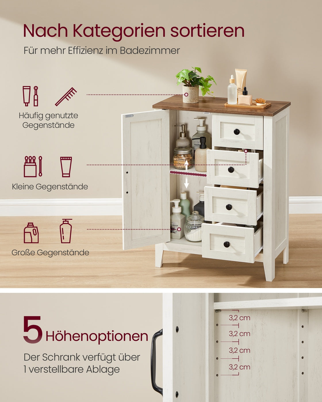 Badezimmerschrank mit Schubladen und verstellbaren Ablagen im Landhausstil