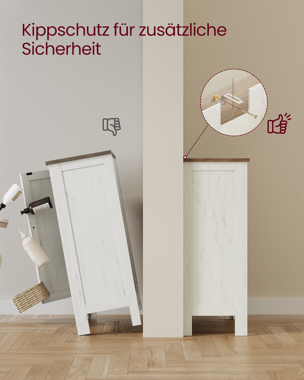 Badezimmerschrank mit Schubladen und verstellbaren Ablagen im Landhausstil