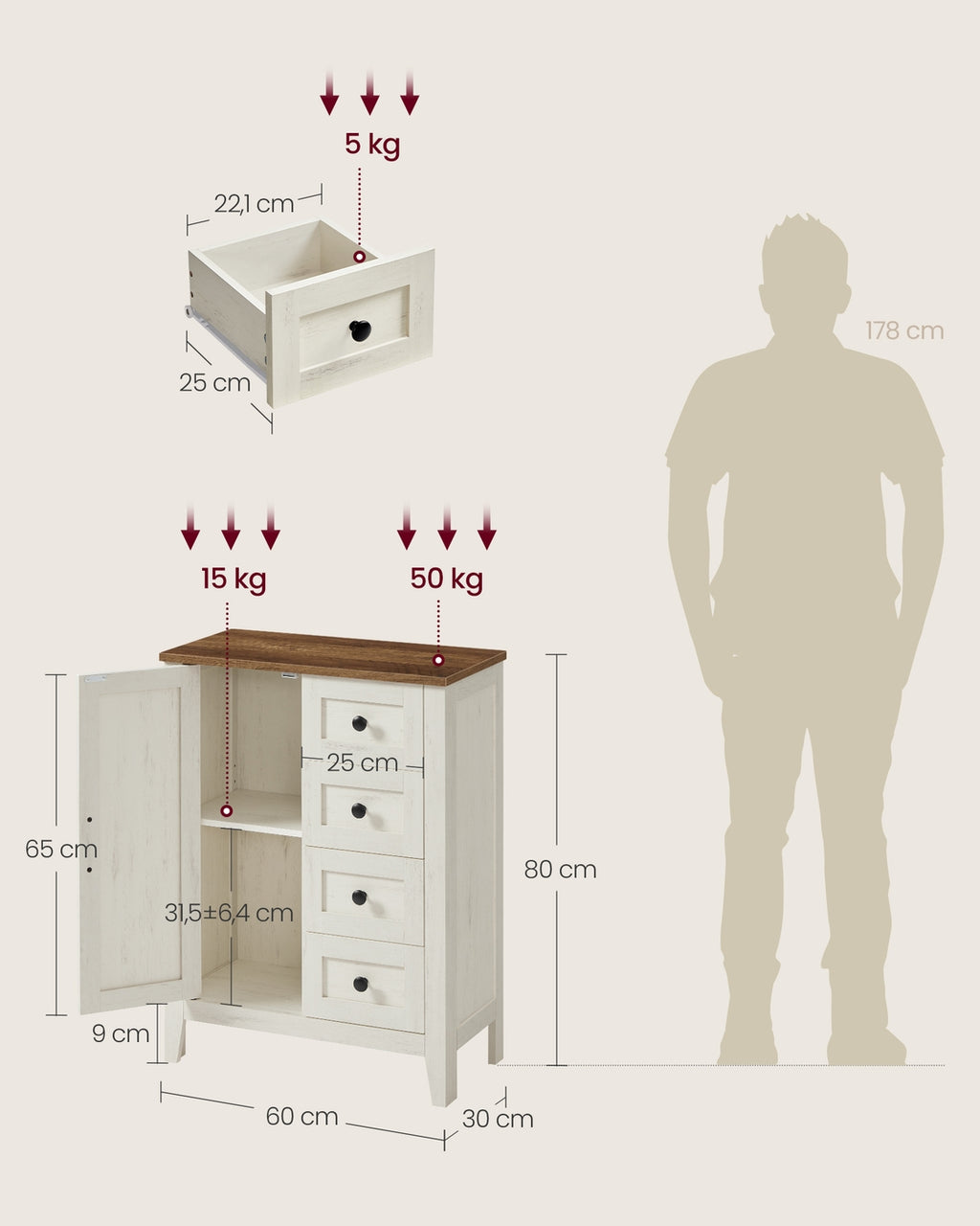 Badezimmerschrank mit Schubladen und verstellbaren Ablagen im Landhausstil