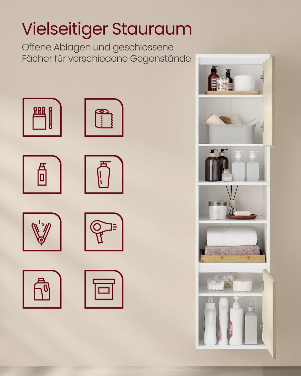 Badezimmerschrank hängend mit 7 Fächern 30 x 40 x 160 cm