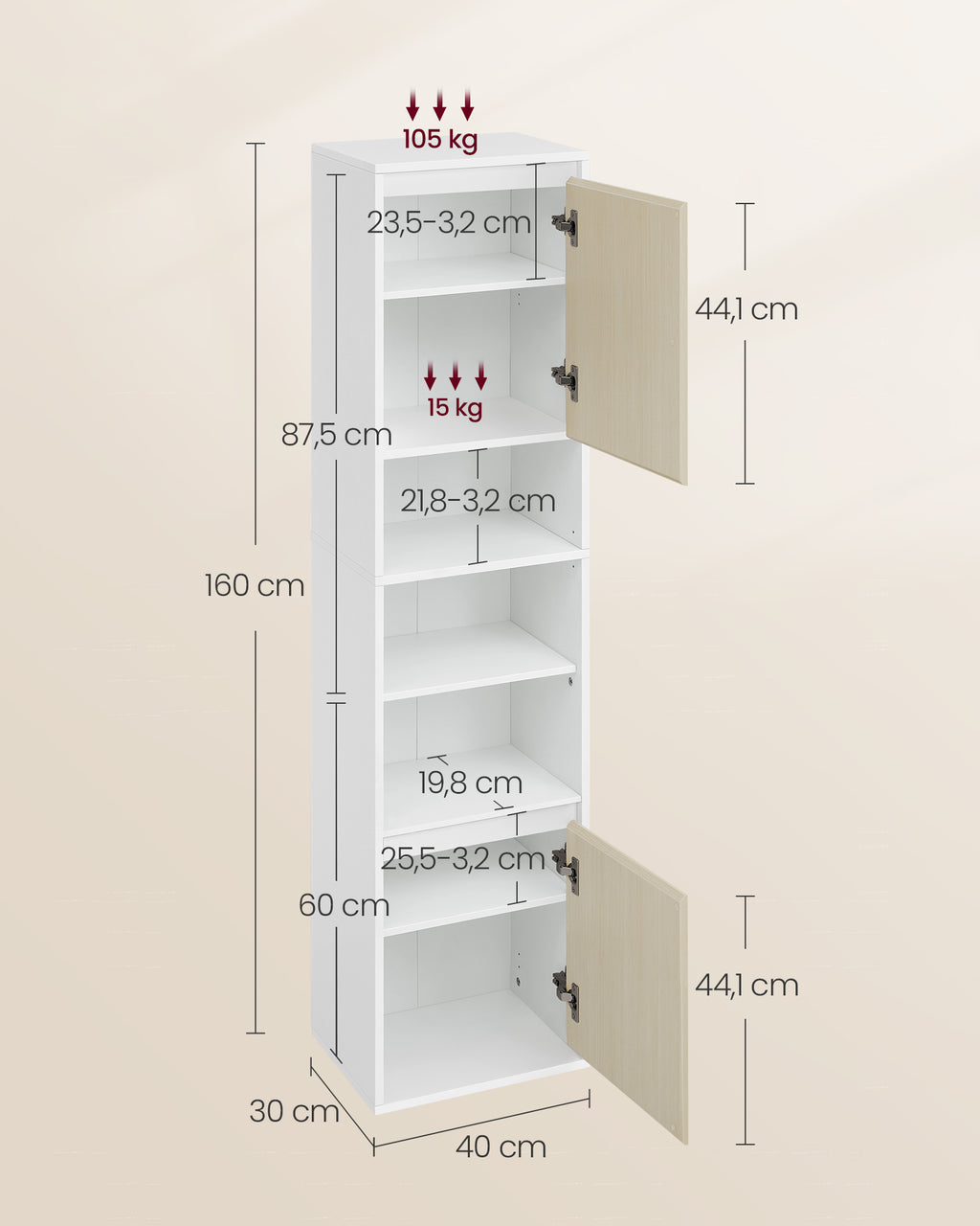 Badezimmerschrank hängend mit 7 Fächern 30 x 40 x 160 cm