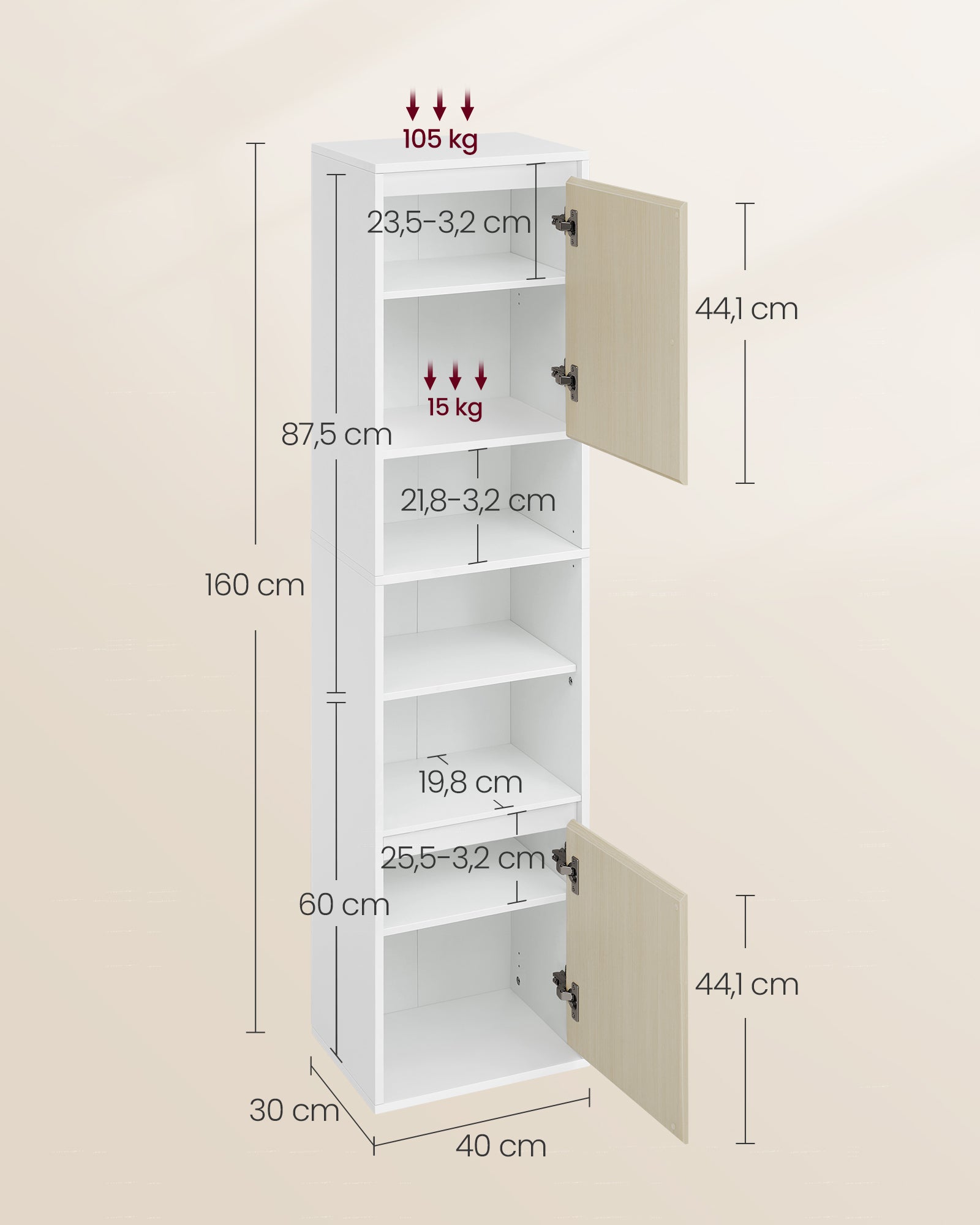 Badezimmerschrank hängend mit 7 Fächern 30 x 40 x 160 cm