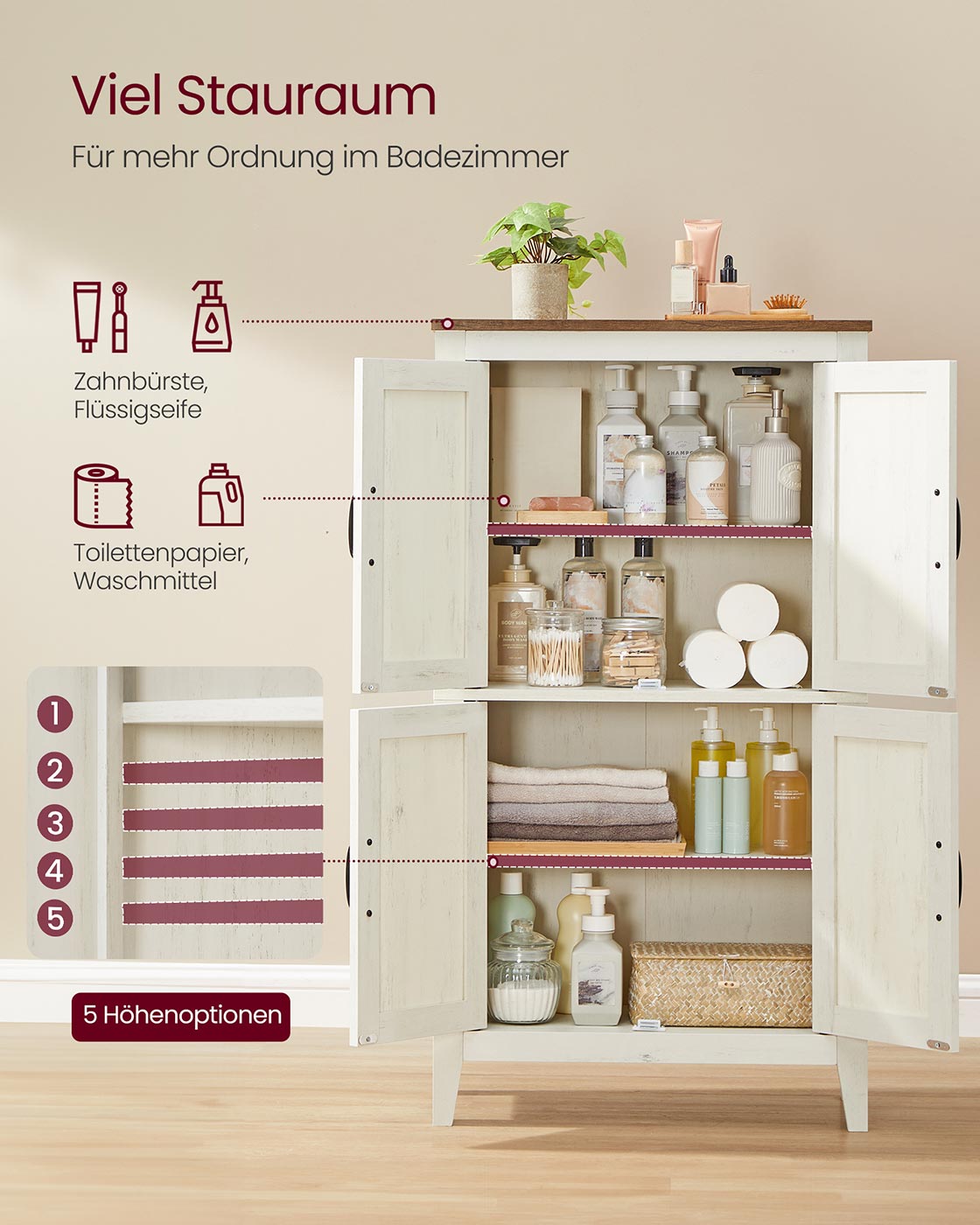 Badezimmerschrank mit Schubladen und verstellbaren Ablagen im Landhausstil