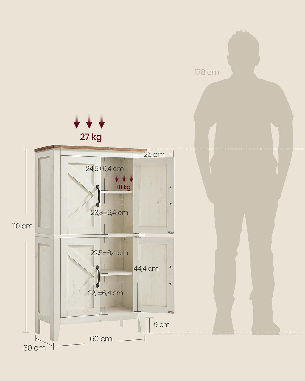 Badezimmerschrank mit Schubladen und verstellbaren Ablagen im Landhausstil