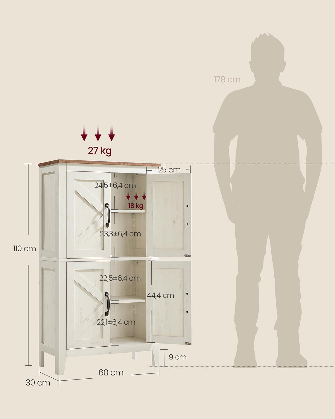 Badezimmerschrank mit Schubladen und verstellbaren Ablagen im Landhausstil