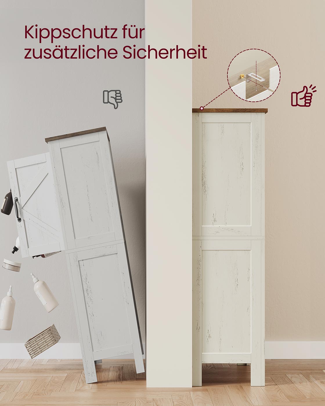 Badezimmerschrank mit Schubladen und verstellbaren Ablagen im Landhausstil