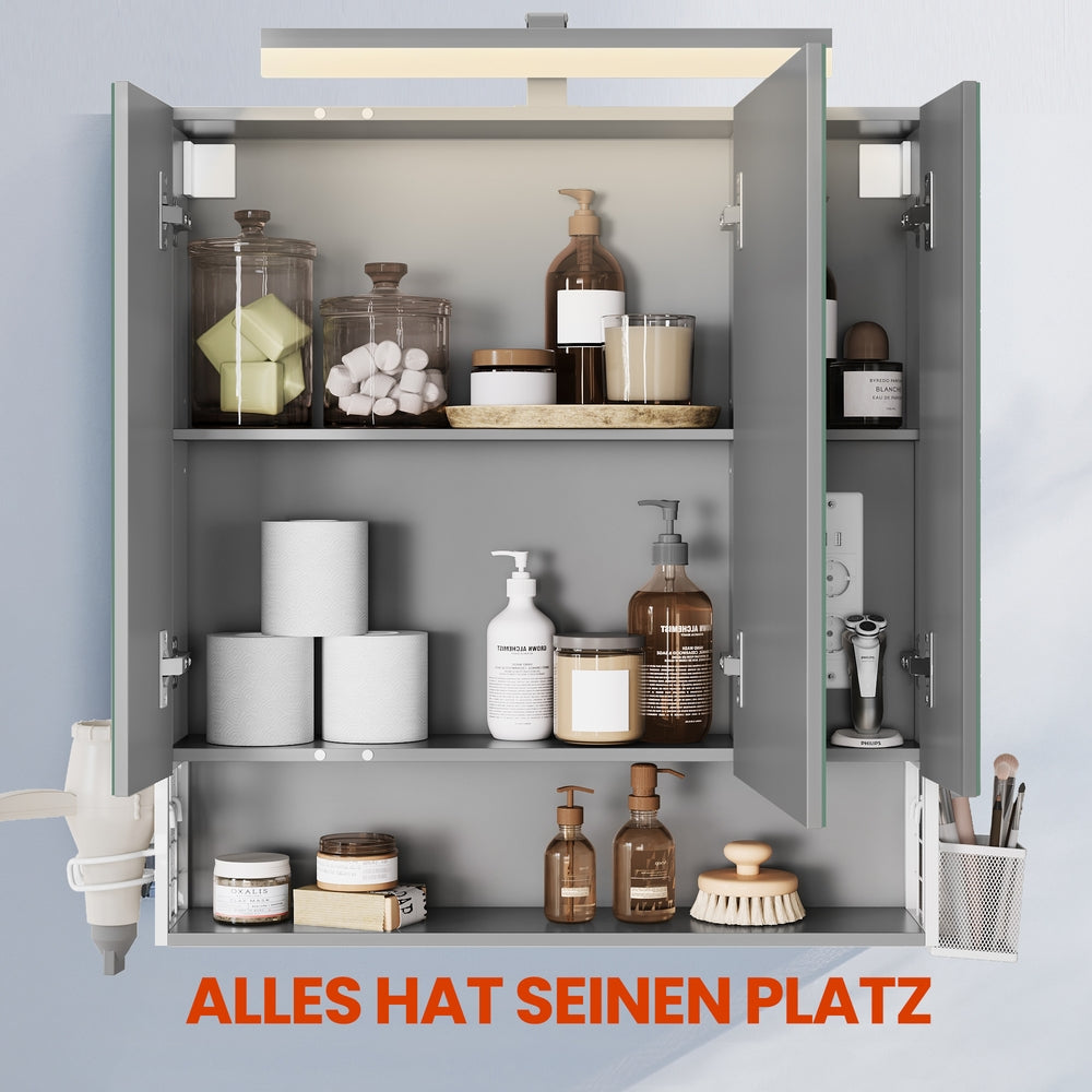 Wandschrank mit 3 Türen, Spiegel, Mehrfachsteckdose