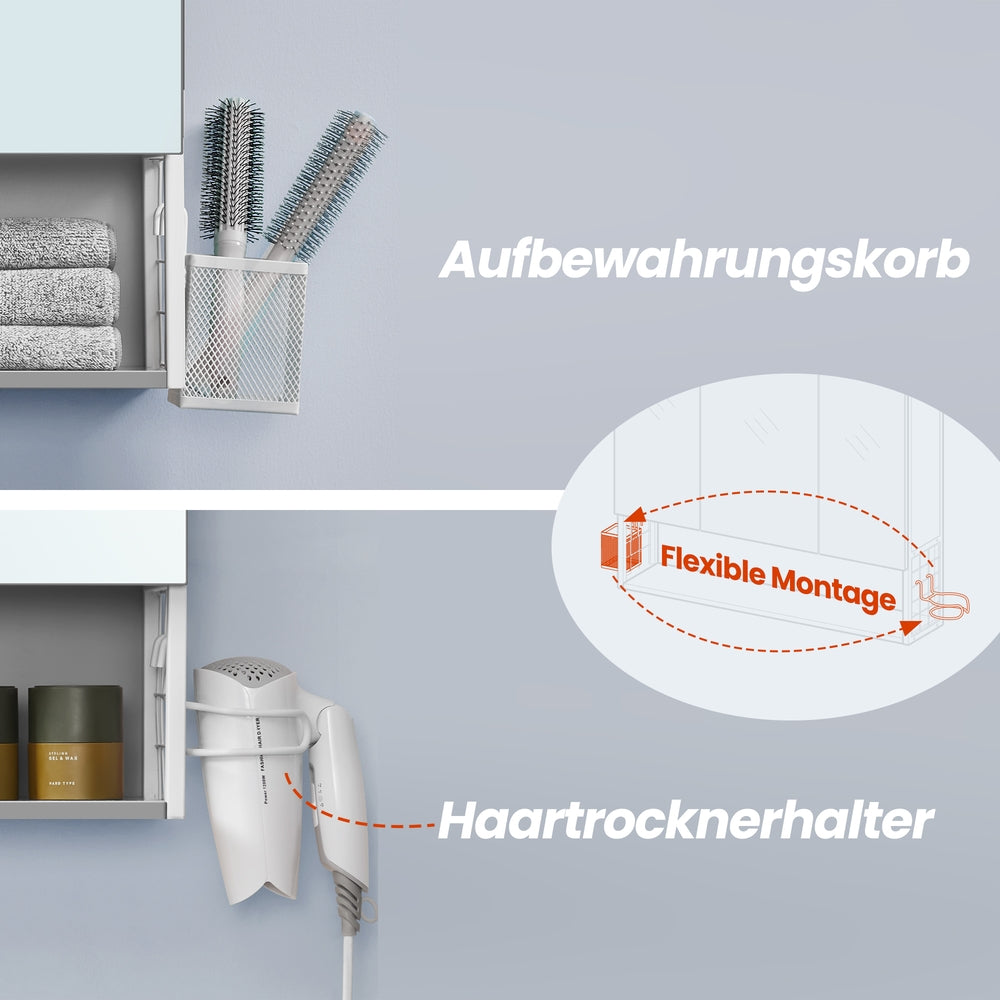 Wandschrank mit 3 Türen, Spiegel, Mehrfachsteckdose