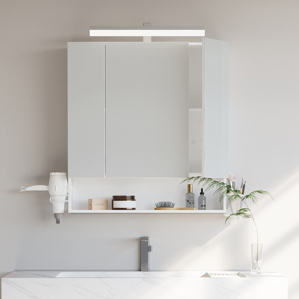 Badezimmerschrank mit LED-Beleuchtung, Steckdosen, Hängekorb